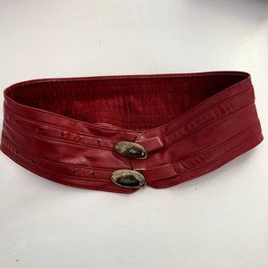 Genuine Leather Vintage Cherry Red Wide Belt with Plated Brass Oval Belt Hooks